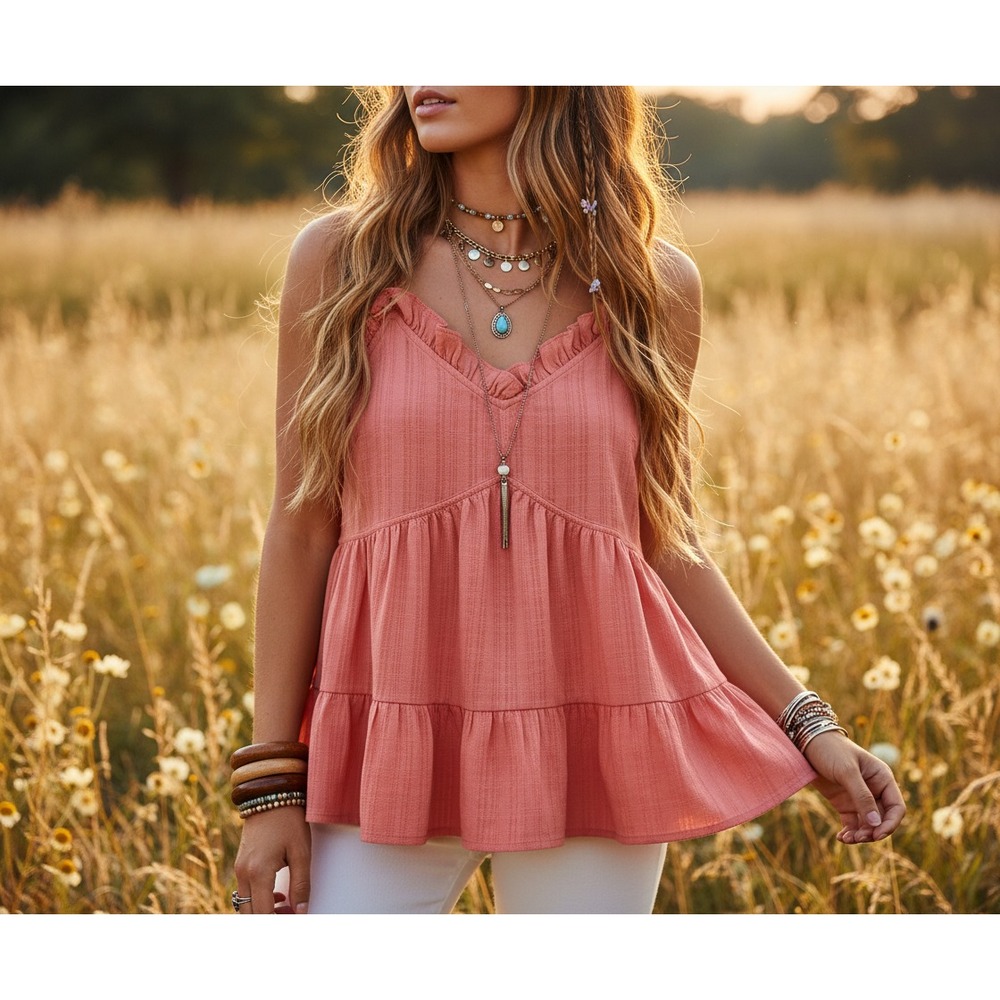New ASOS Top Tank Coral Peplum Ruffle Cami Cottage Boho Coquette Y2K 90s Size 12
